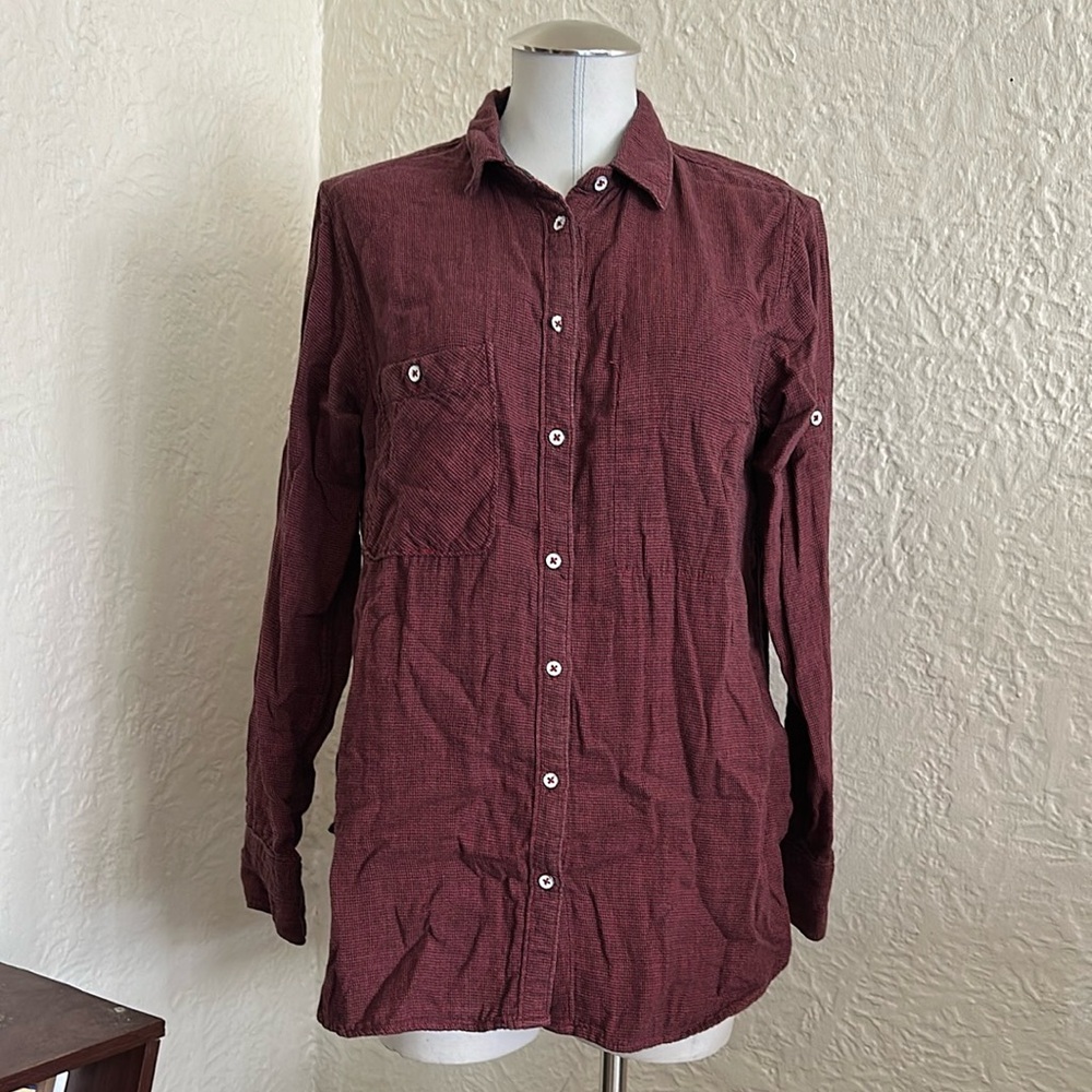 Rag and Bone Oversized Boyfriend Fit Dark Red Plaid Roll Tab Sleeve Shirt M